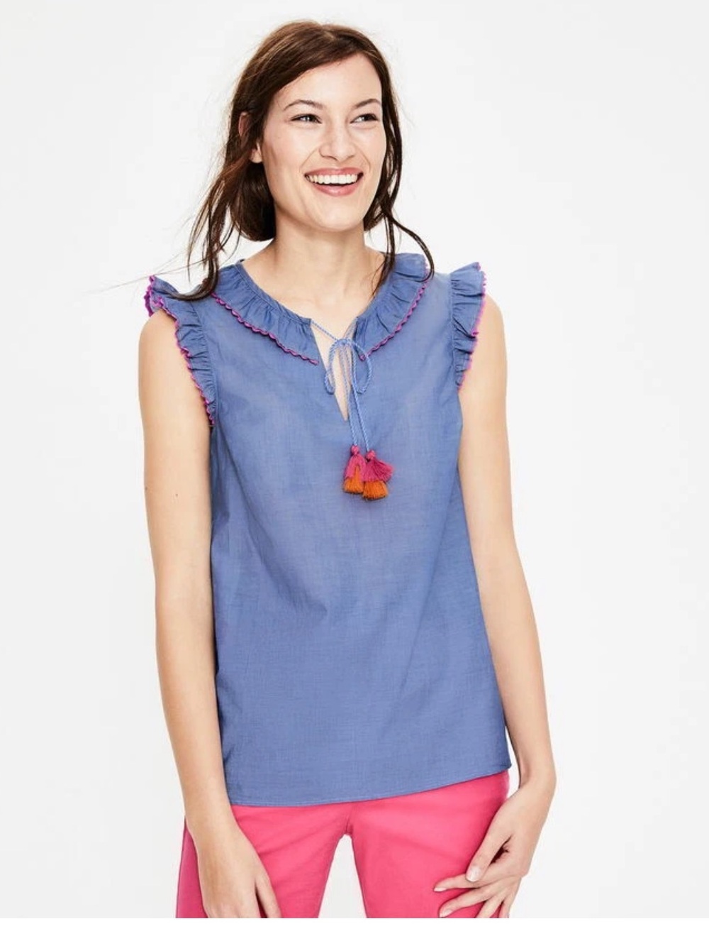 BODEN Laurie Cap Ruffle Sleeve Tassel Tie Cotton Top Women’s SZ US 2 in Blue